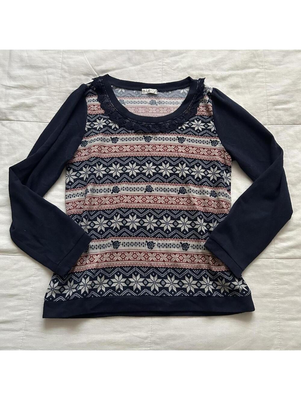 Axes Femme Navy Fair Isle Rose Snowflake Lace Trim Top Medium